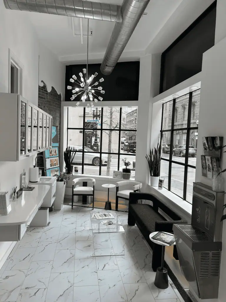 Bright waiting area inside a KDR Aesthetics + Wellness office