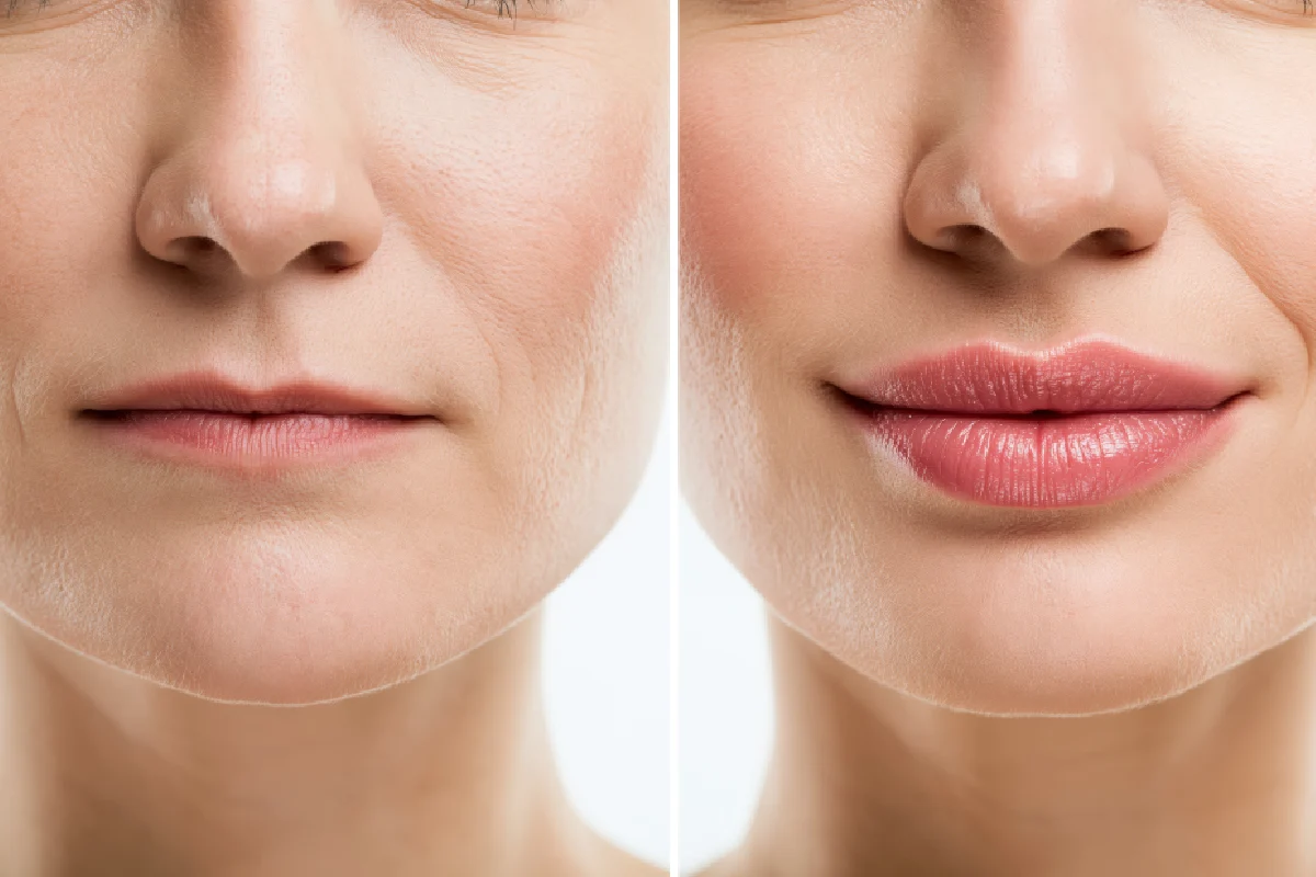 Before and after comparison showing improved lip volume, facial balance, and natural-looking facial harmony with dermal fillers at KDR Medspa and Wellness.